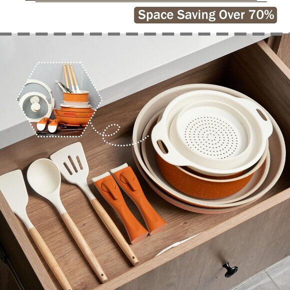 22-Piece Stackable Nonstick Cookware Set Orange/White Flake Finish - Picture 4 of 7